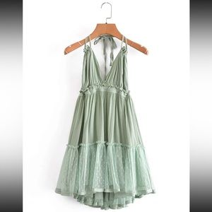 Dobby mesh self tie ruffled halter dress